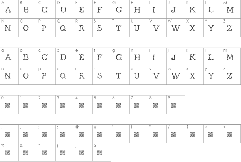 Wickers font character map preview
