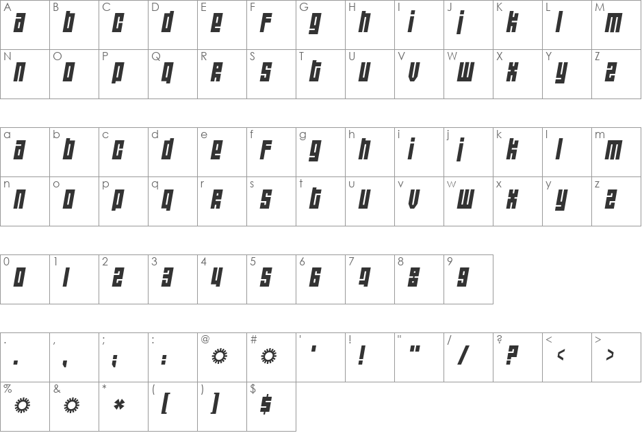 Wide awake font character map preview