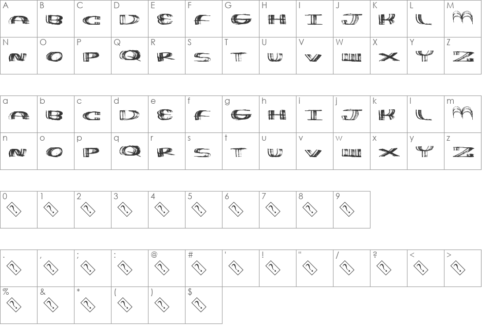 WideThin font character map preview