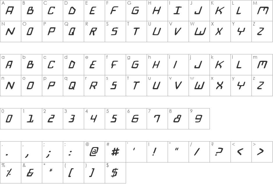 Bionic Comic Italic font character map preview