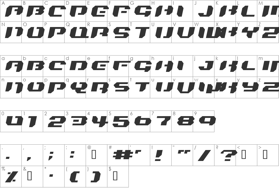 Bionic Kid Simple Slanted font character map preview