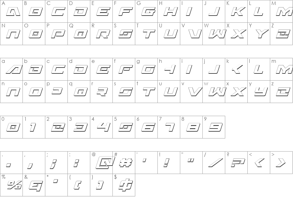 Wildcard 3D Italic font character map preview