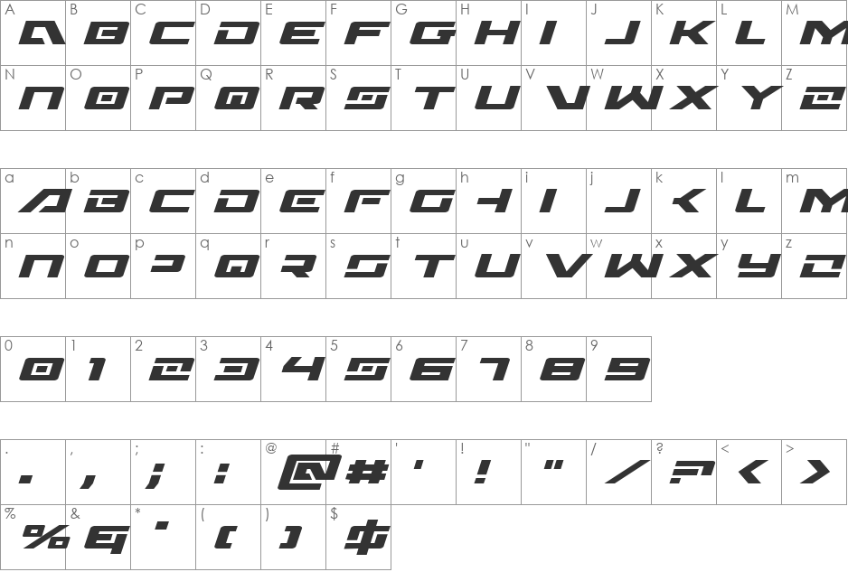 Wildcard Expanded Italic font character map preview