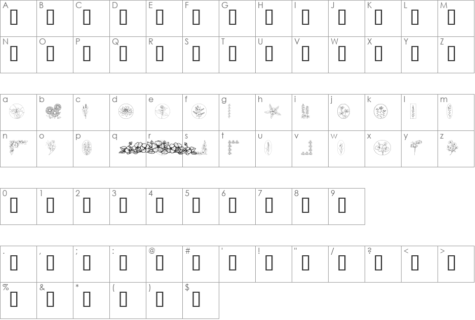 Wildflower font character map preview