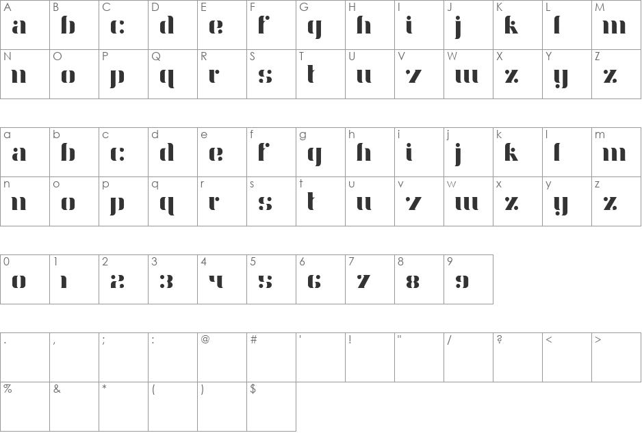Aery font character map preview