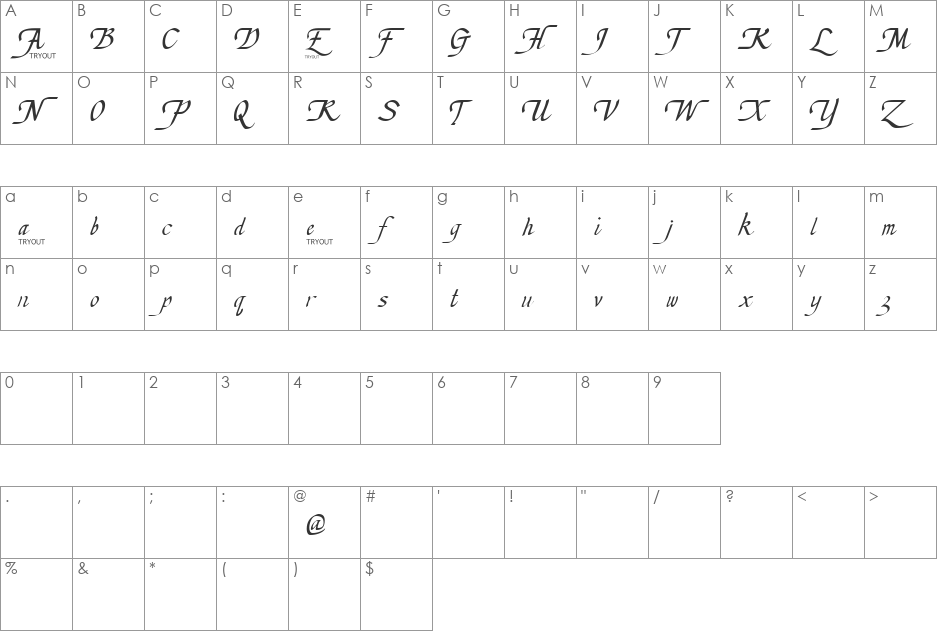 Willegha Tryout font character map preview