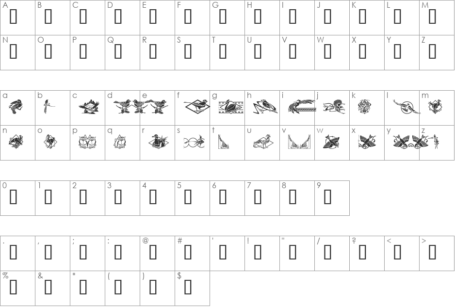 Bird Stencil Design II font character map preview