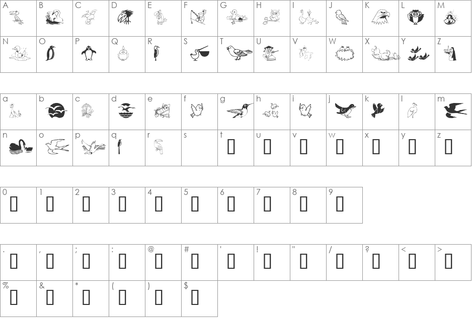 BirdArt font character map preview