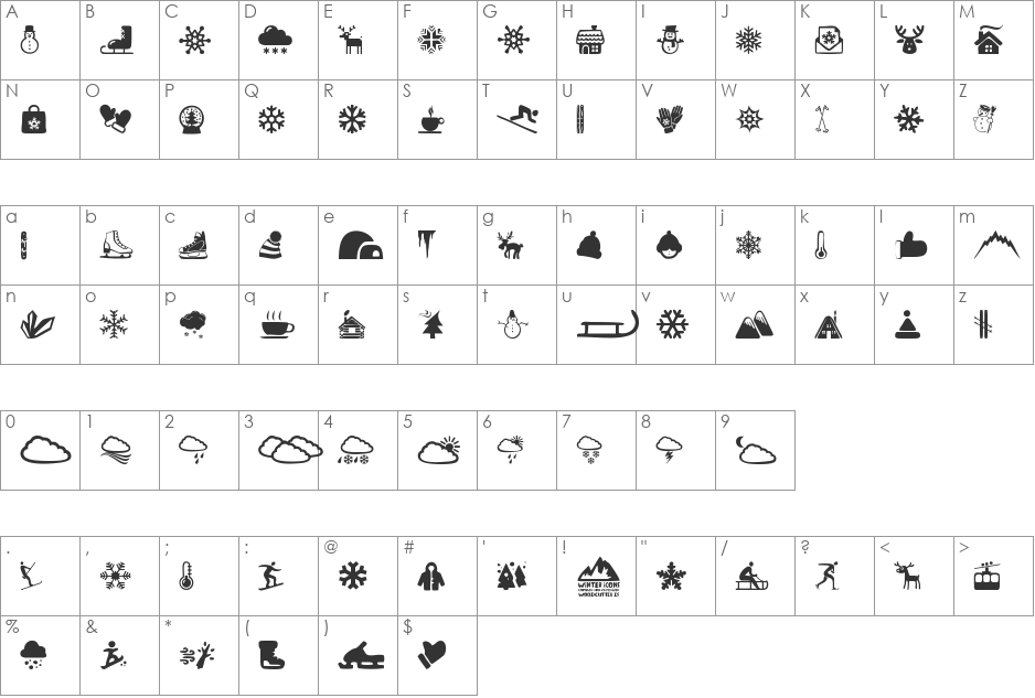Winter Icons font character map preview