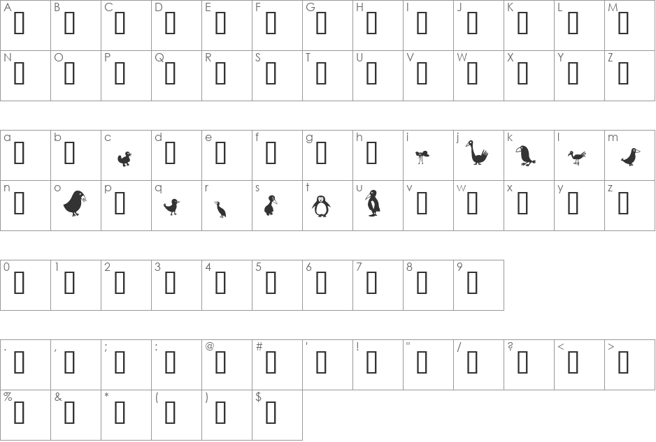 Birds font character map preview