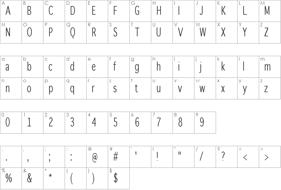 WinterthurCondensed font character map preview