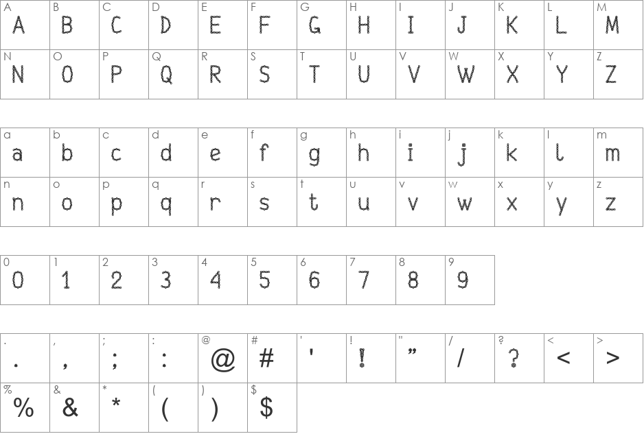 Wiponielintizer150 font character map preview