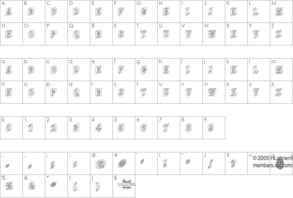 Wireframe font character map preview