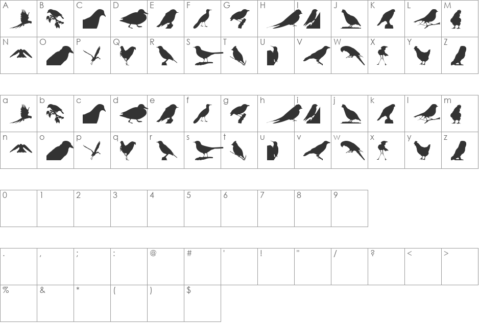 Birds TFB font character map preview