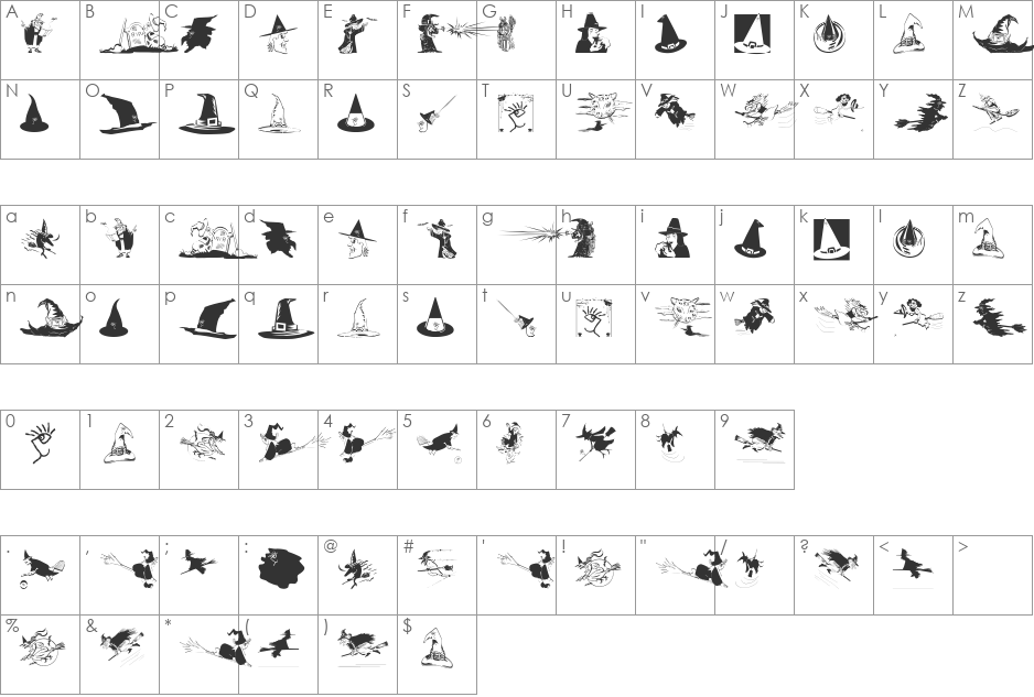 WitchesStuff font character map preview