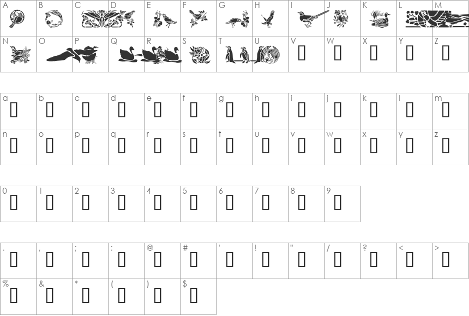 Birds Two font character map preview