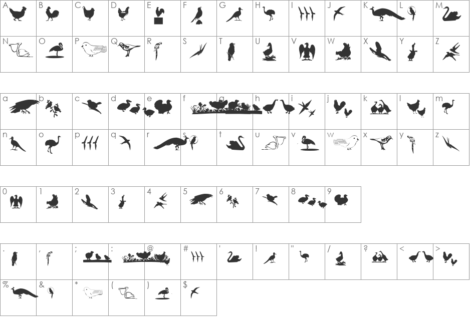 BirdsOThree font character map preview