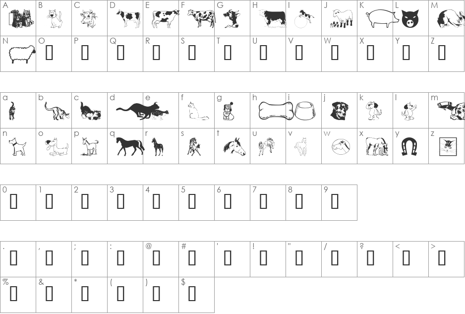 wmanimals1 font character map preview