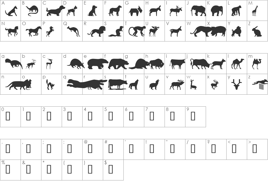 wmanimals2 font character map preview