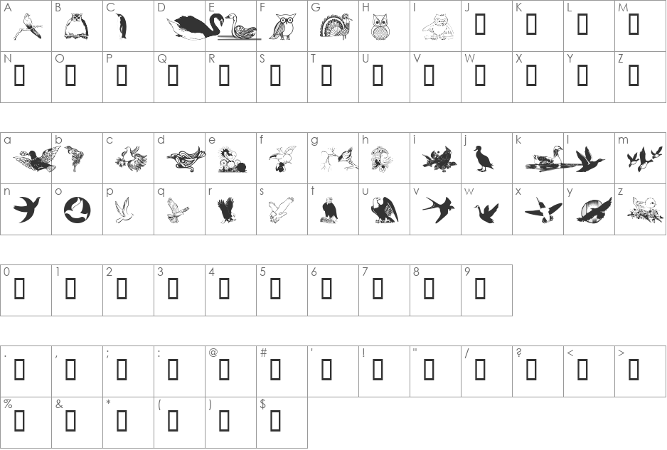 wmbirds1 font character map preview