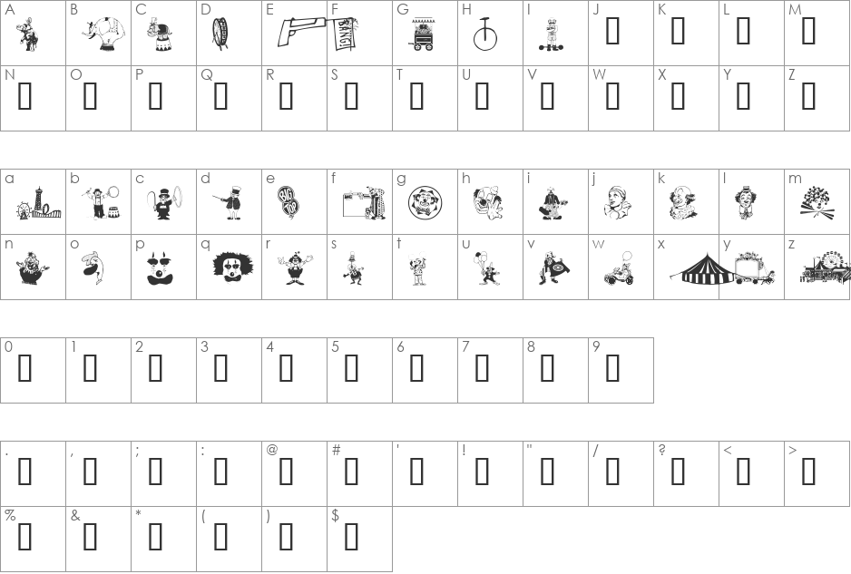 wmcircus1 font character map preview