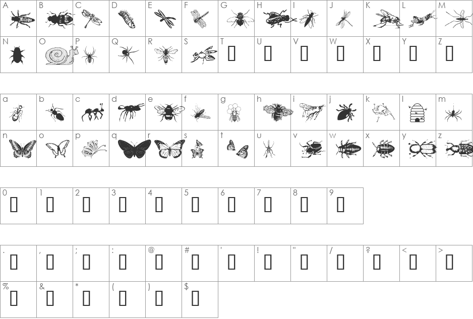 wminsects1 font character map preview