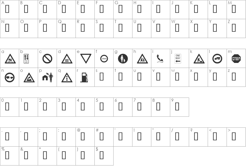 wmroadsigns font character map preview
