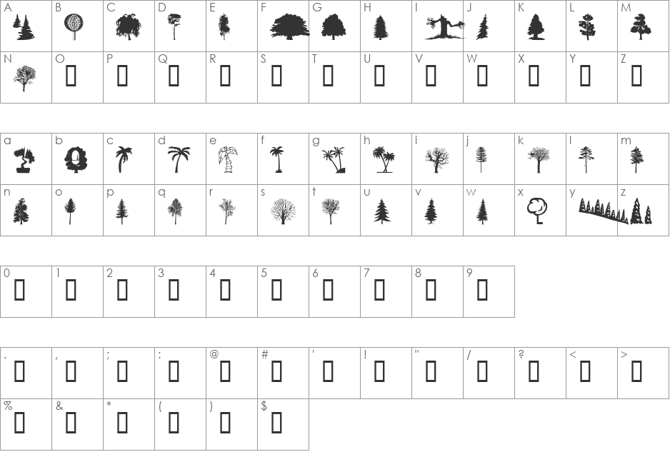wmtrees1 font character map preview