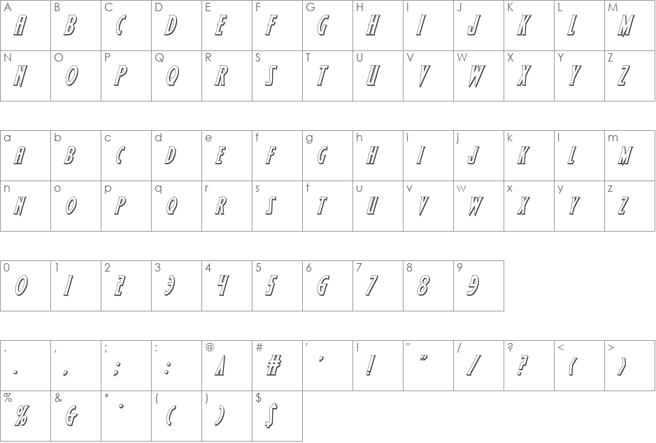 Wolf's Bane 3D Italic font character map preview