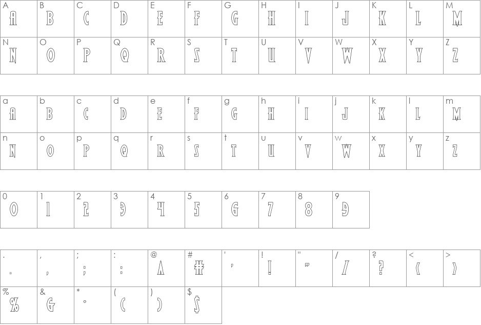 Wolf's Bane II Outline font character map preview