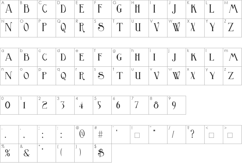 BirminghamTitlingElongated font character map preview