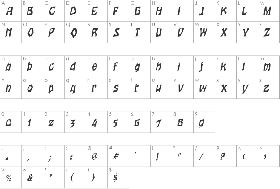 Woodcut font character map preview