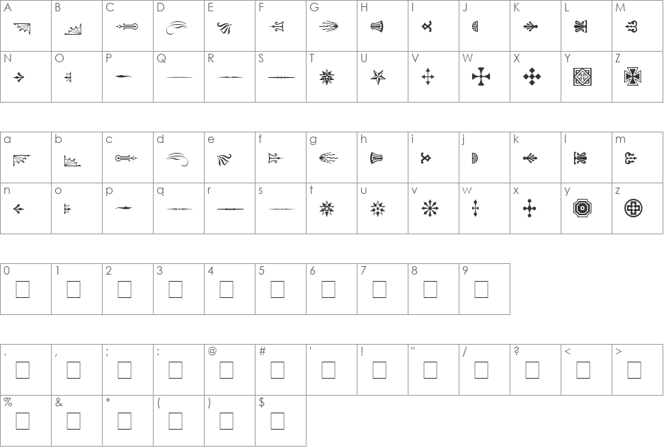 Woodcut Ornaments One SSi font character map preview