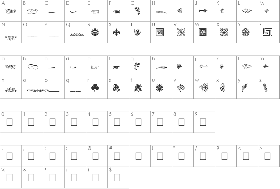 Woodcut Ornaments Two SSi font character map preview