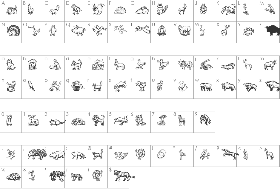 WoodcutAnimals font character map preview