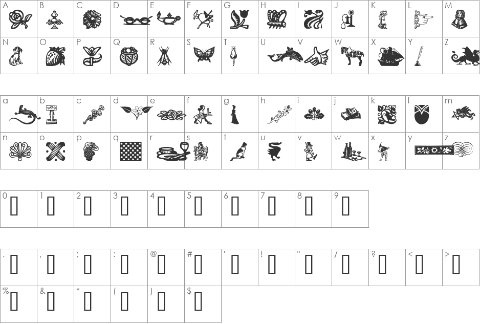 WoodcutOrnaments font character map preview