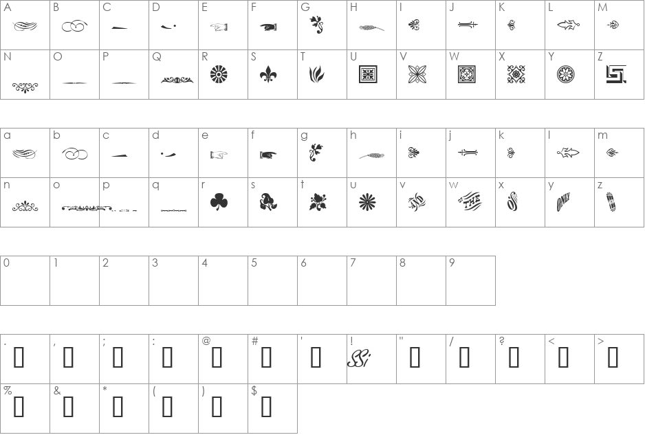 WoodcutOrnamentsTwoSSK font character map preview