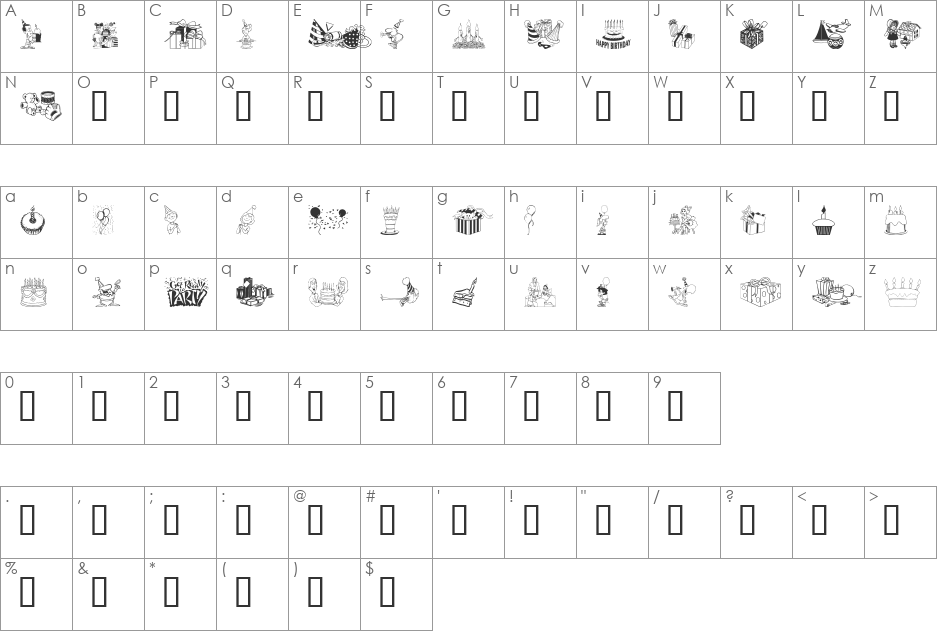 Birthdaze font character map preview