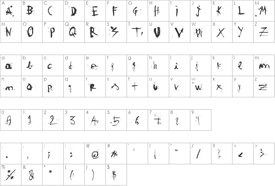 woodcutter TINTA CHINA font character map preview
