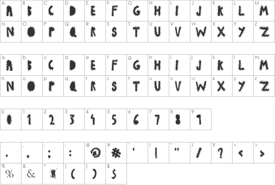 woodcutter VIRUS font character map preview
