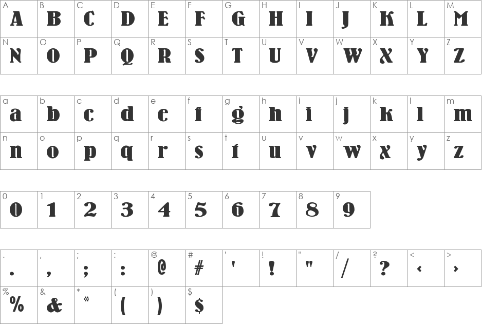 WoodenNickelBlack font character map preview