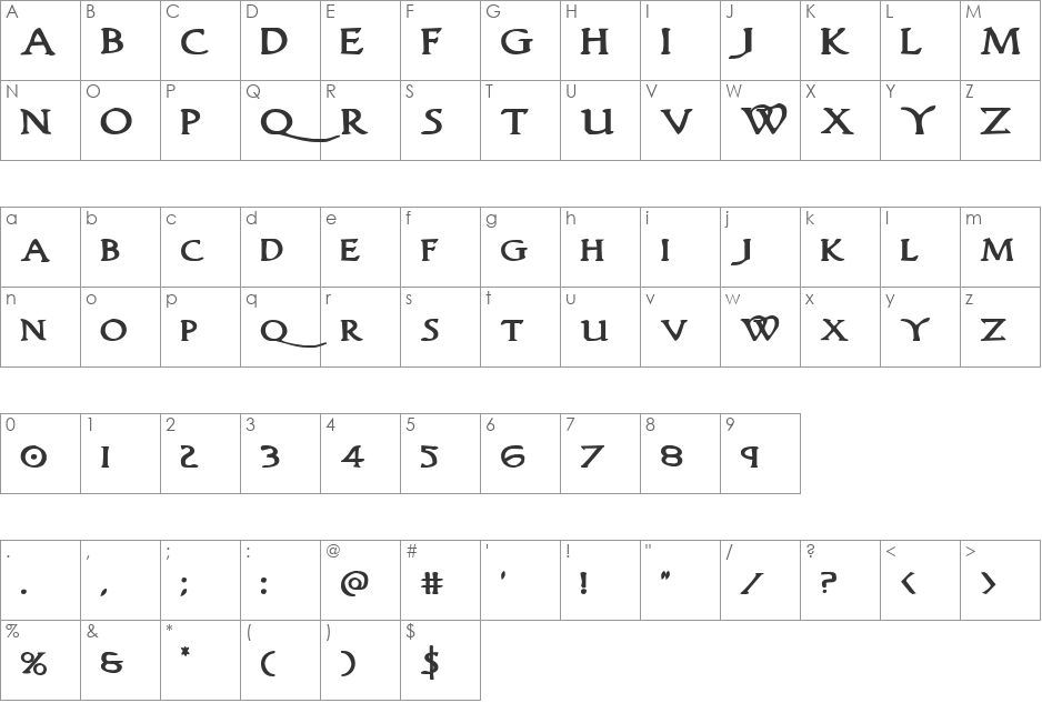 Woodgod Bold Expanded font character map preview