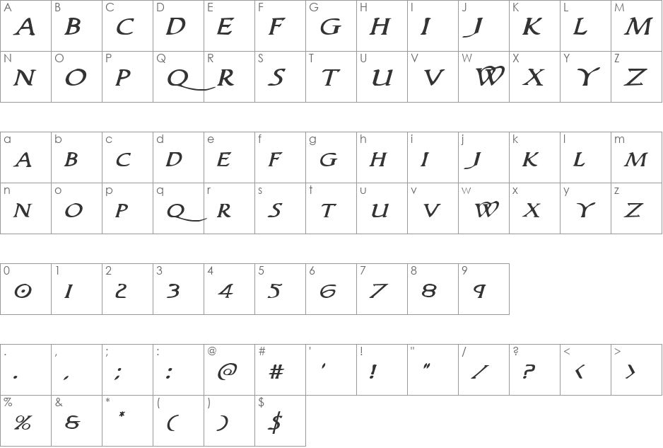 Woodgod Expanded Italic font character map preview