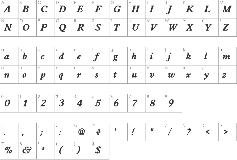 WorcesterLH font character map preview