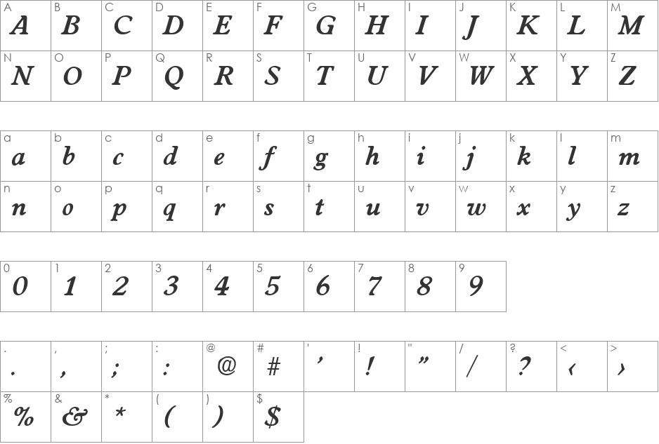 Worchester-DemiBoldIta font character map preview