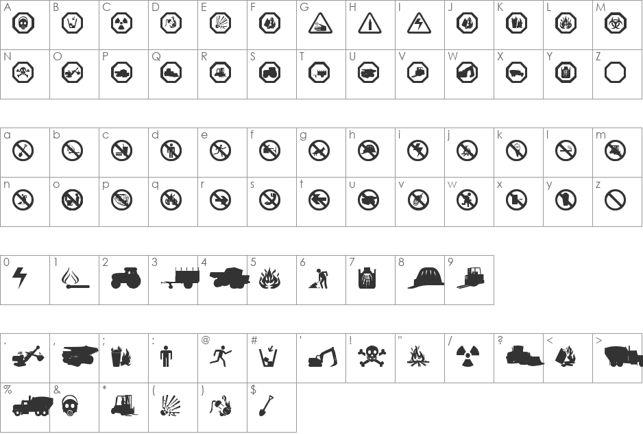 working signs tfb font character map preview