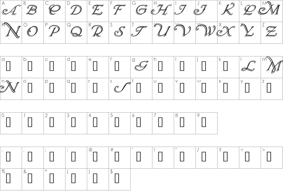WrennInitialsShadowed font character map preview