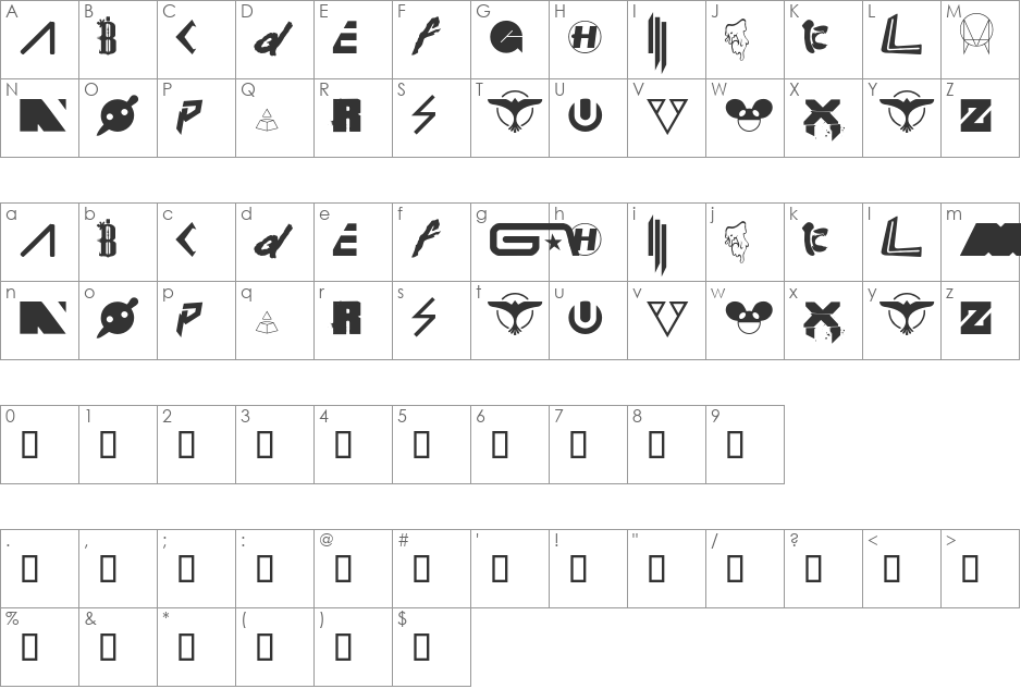 Wub Machine font character map preview