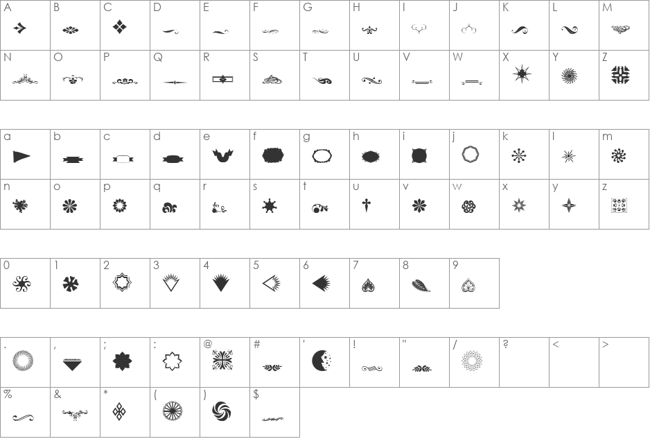 WWDesigns font character map preview