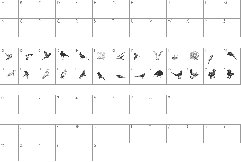 WWFeathers font character map preview